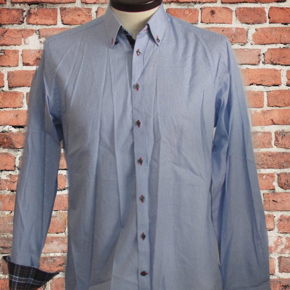 Bruun & Stengade Light Blue Dress Shirt Contrasting Tartan Cuffs Size XXL